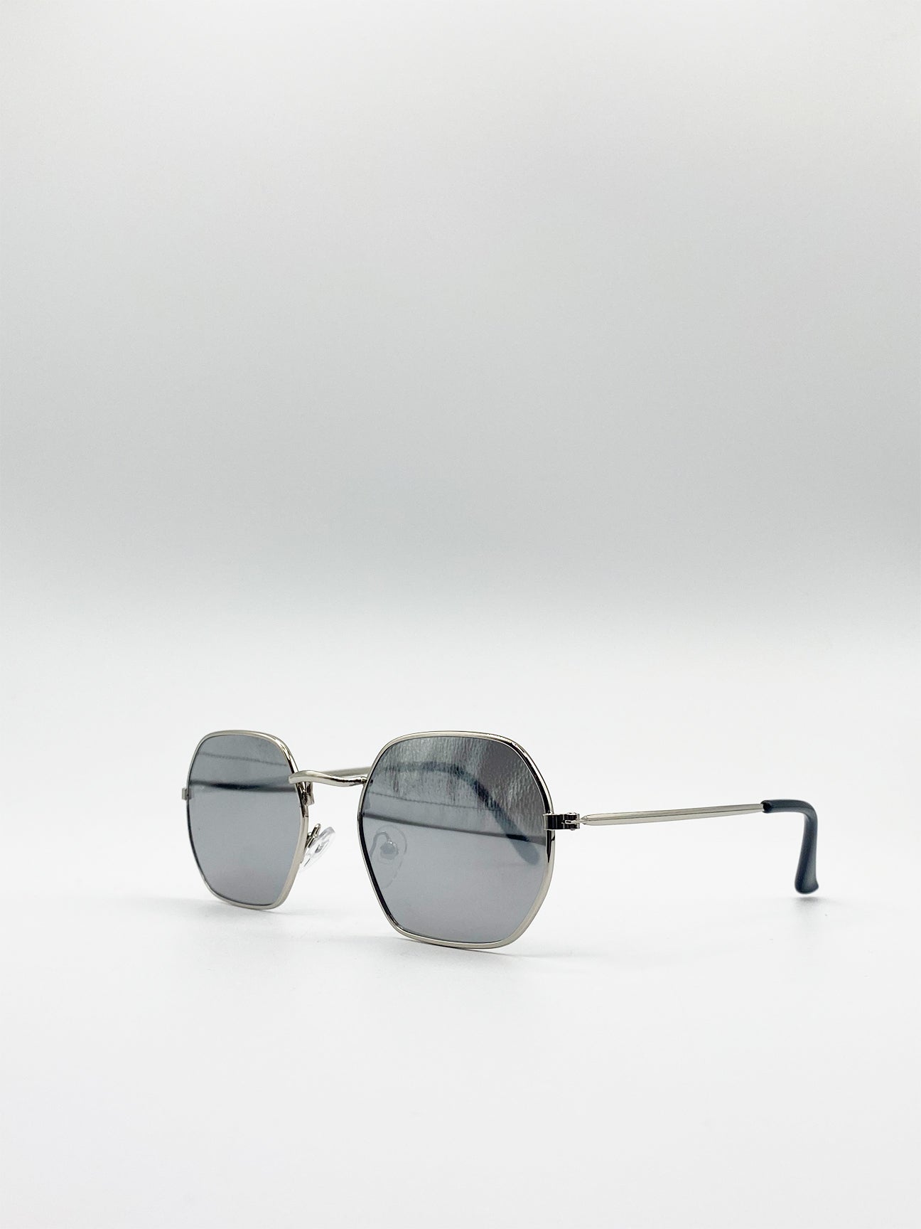 Hexagon Sunglasses Silver Frame with Silver Mirrored Lenses