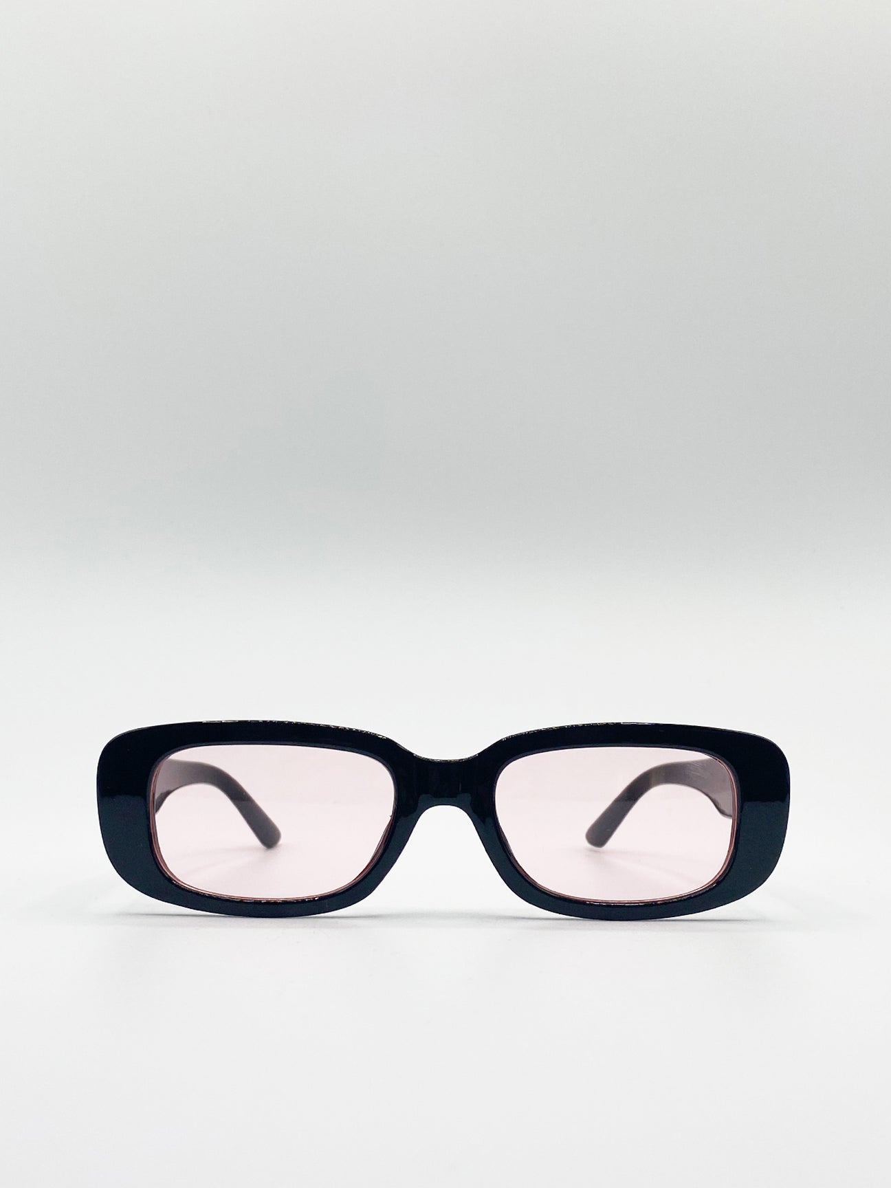 Retro Rectangle Sunglasses In Black With Pink Lenses