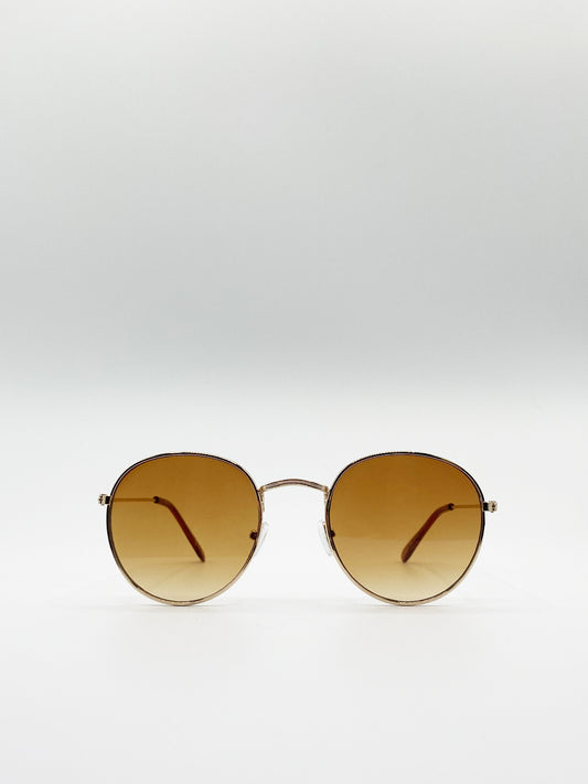 Gold Round Sunglasses with Brown Grad Lenses