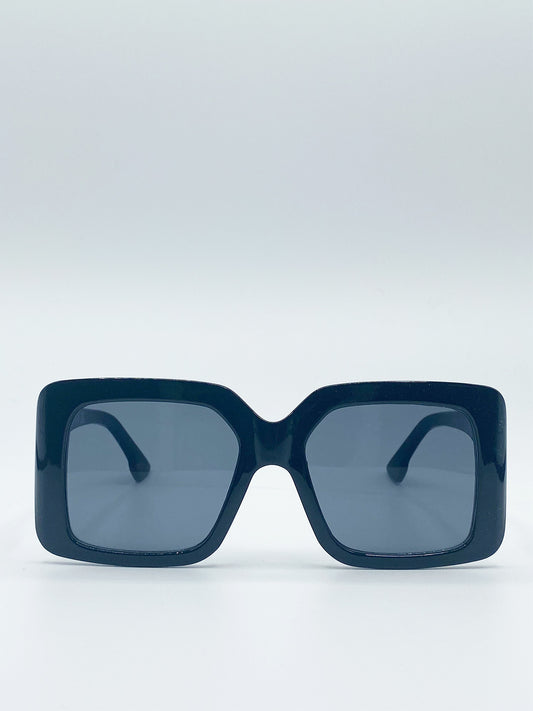 Black Oversized Plastic Frame Square Sunglasses with Black Lenses