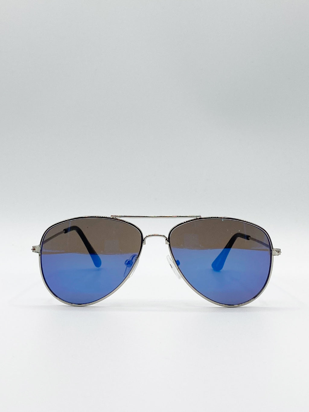 Silver Frame Kids Aviator Sunglasses with Blue Mirrored Lenses