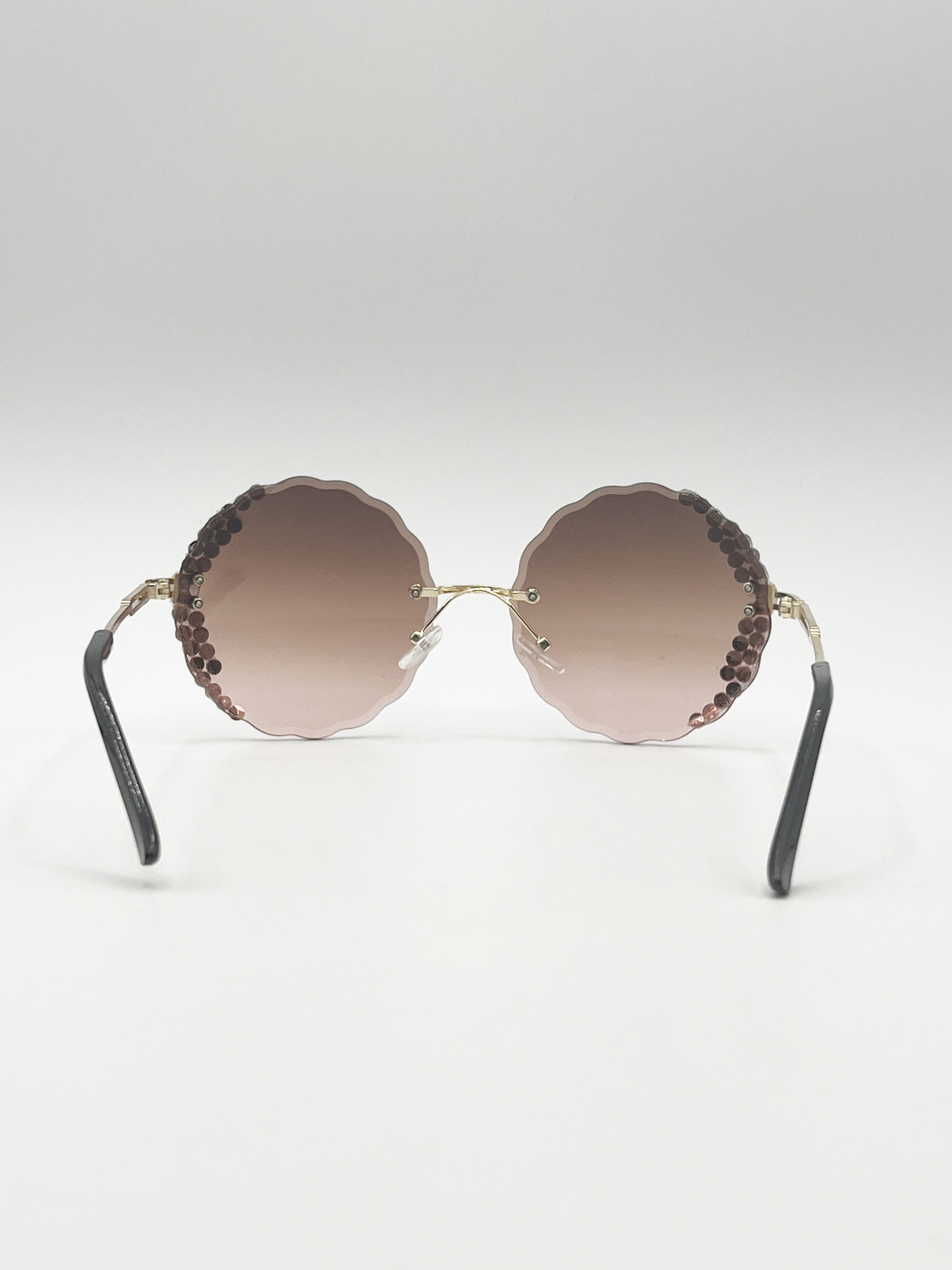 Oversized Round Frameless Sunglasses with Crystal Detail in Brown