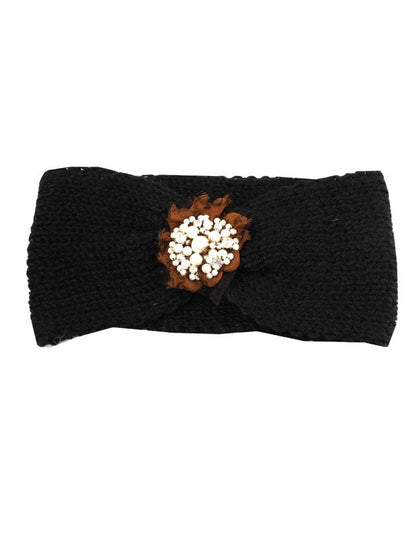 Black Knitted Headband With Pearl and Gem Flower